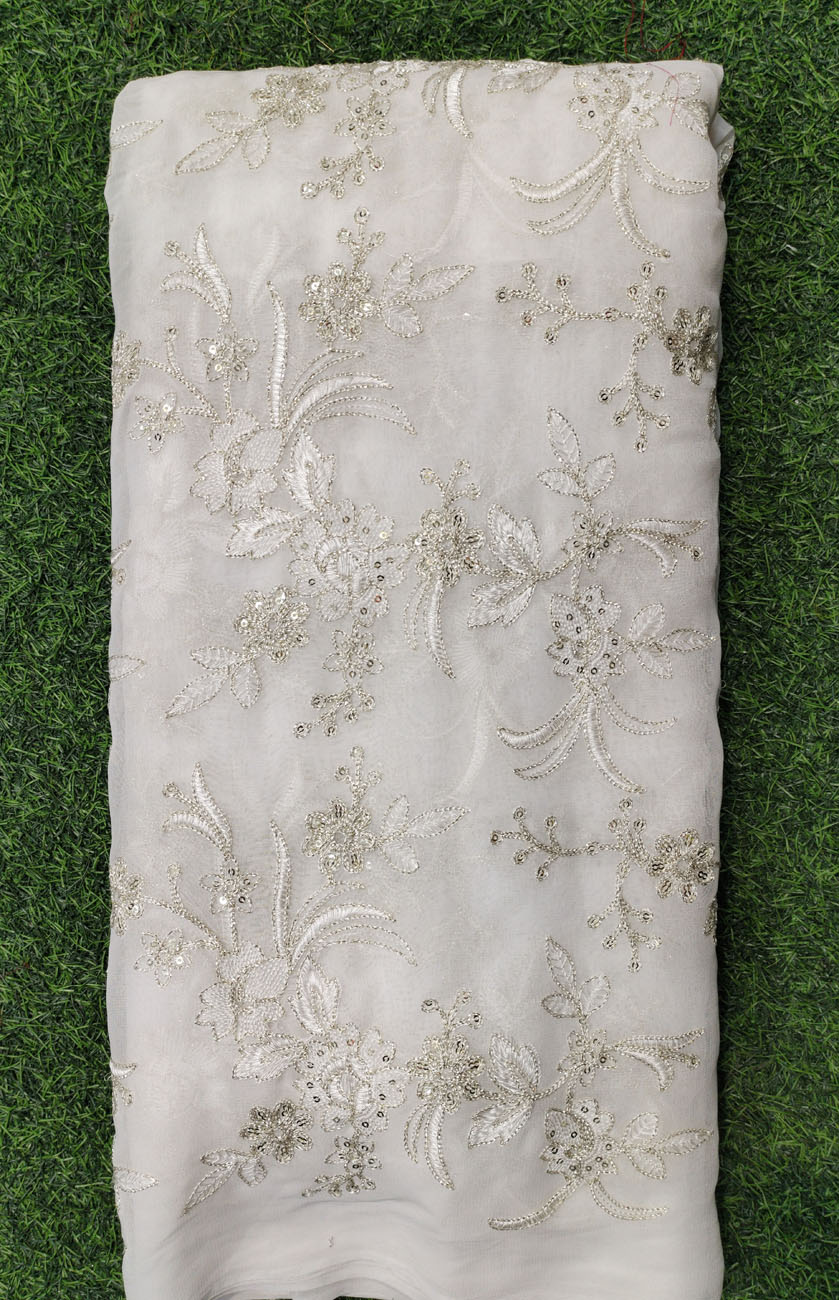 White Lakhnavi Fabric With Geo Lakhnavi Work