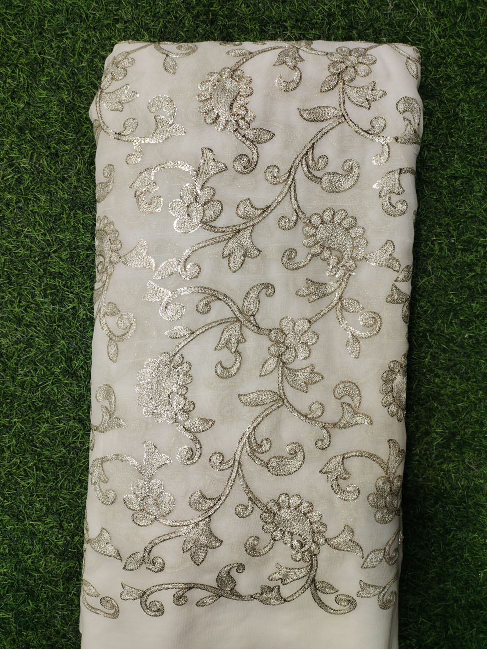 White Lakhnavi Fabric With Geo Lakhnavi Work