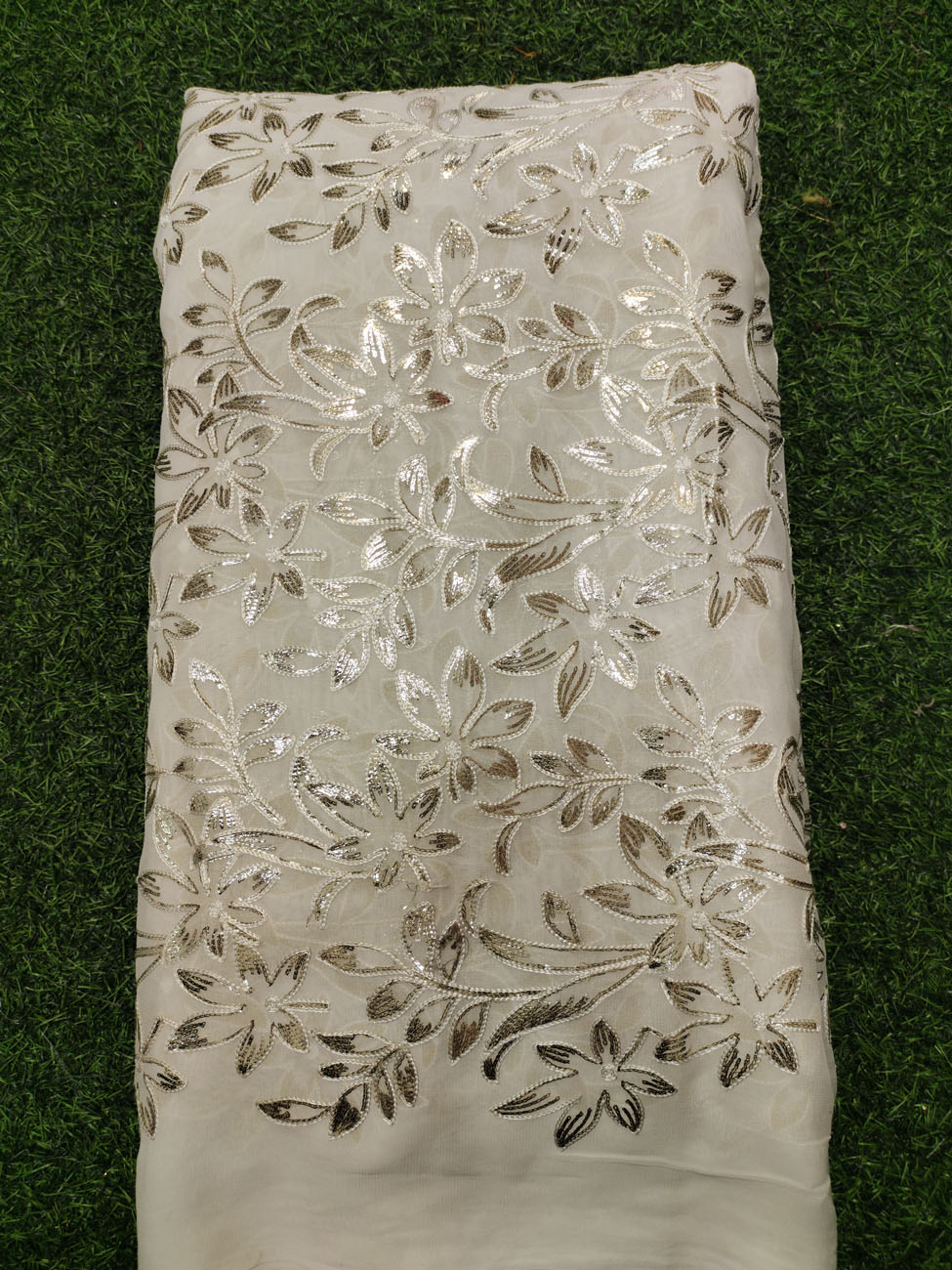 White Lakhnavi Fabric With Geo Lakhnavi Work