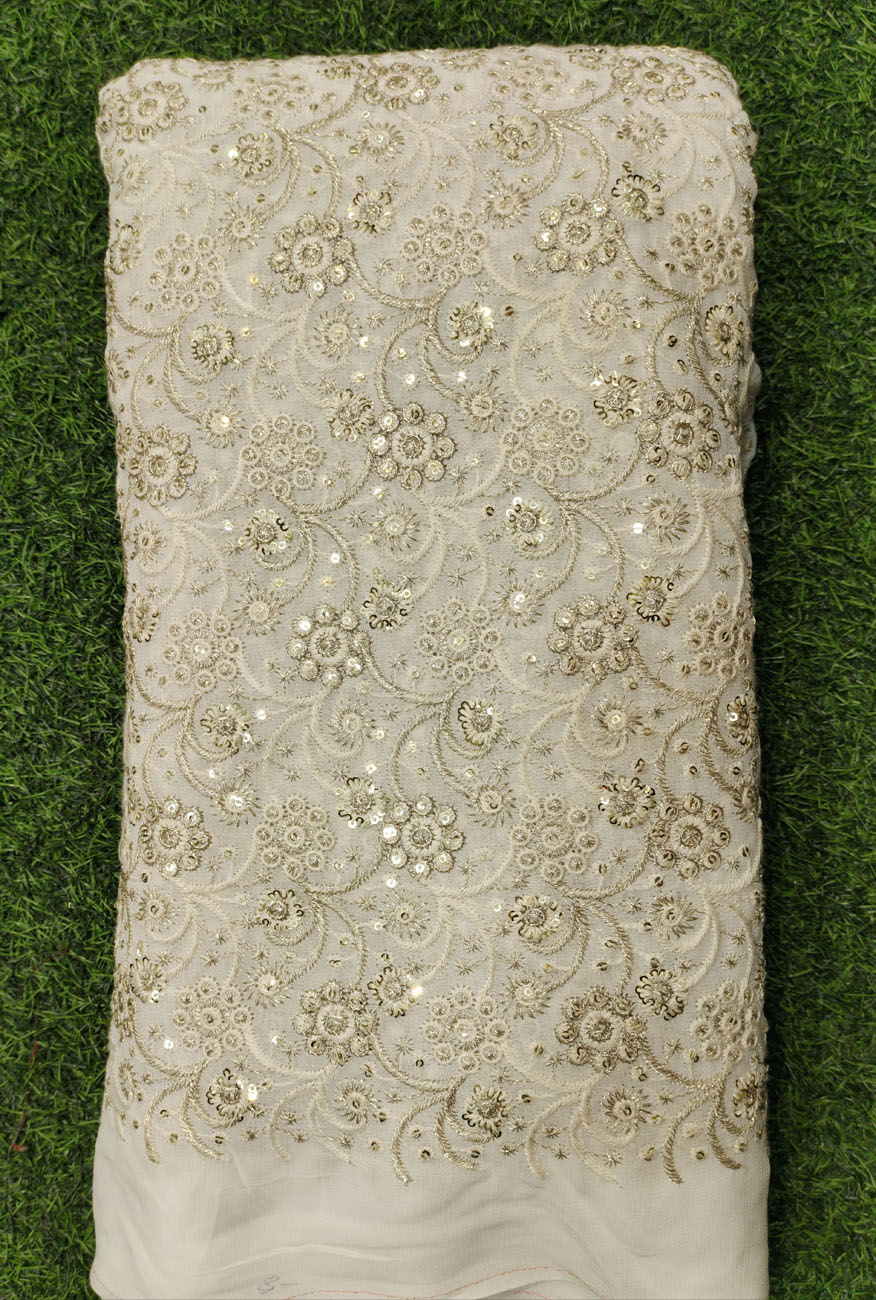 White Lakhnavi Fabric With Geo Lakhnavi Work