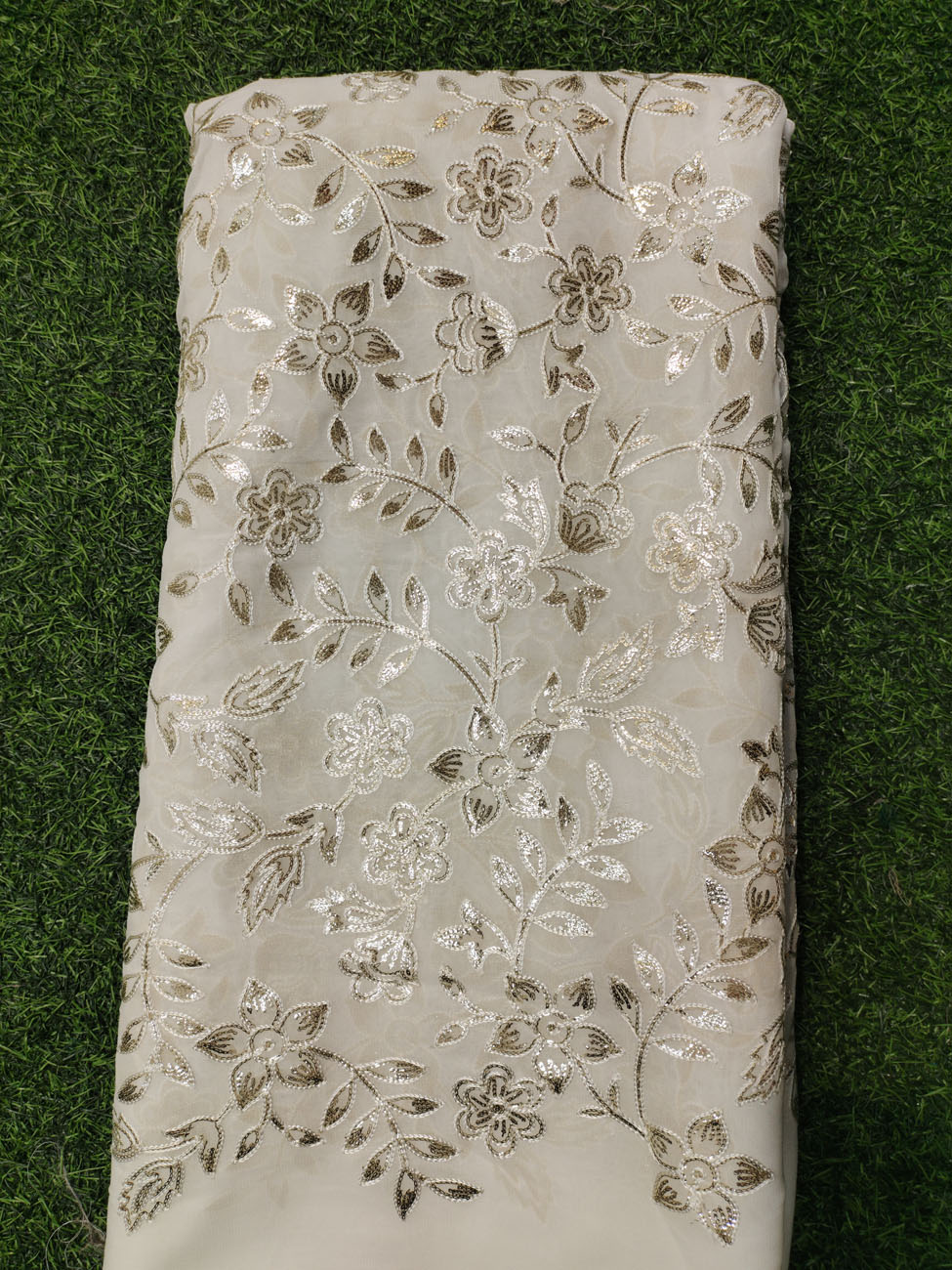 White Lakhnavi Fabric With Geo Lakhnavi Work