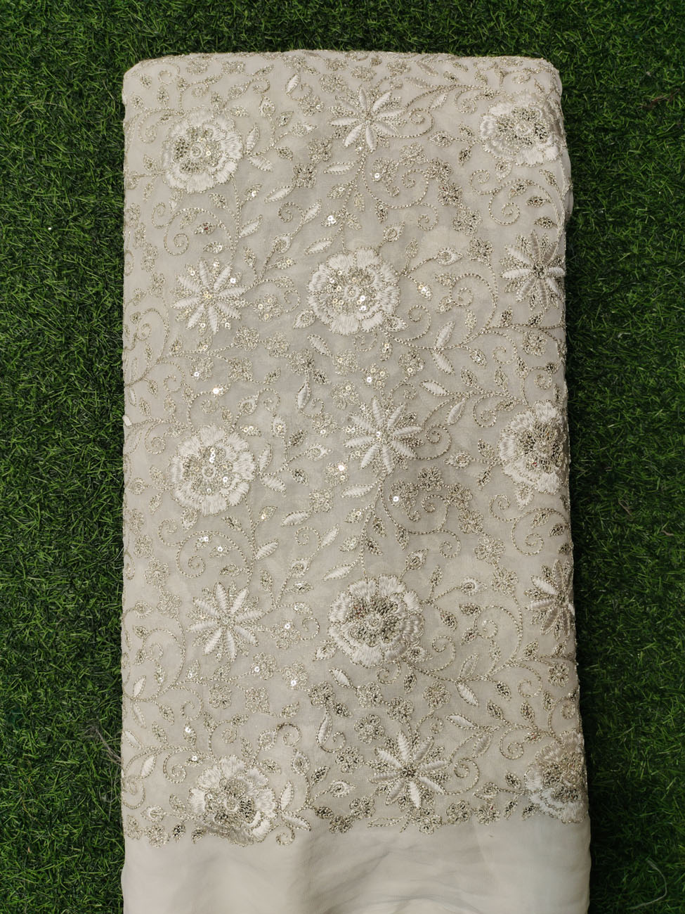 White Lakhnavi Fabric With Geo Lakhnavi Work