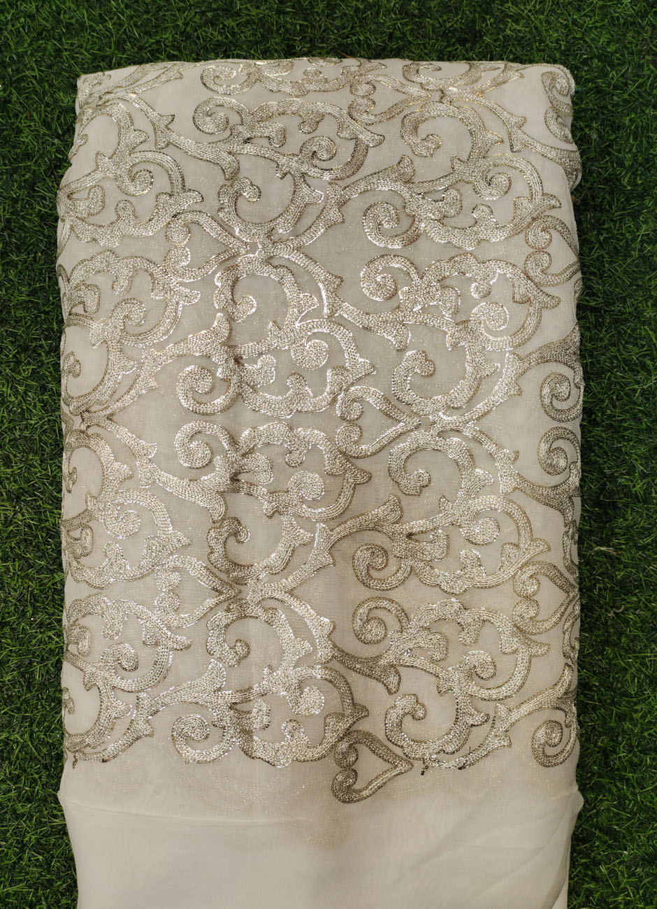 White Lakhnavi Fabric With Geo Lakhnavi Work