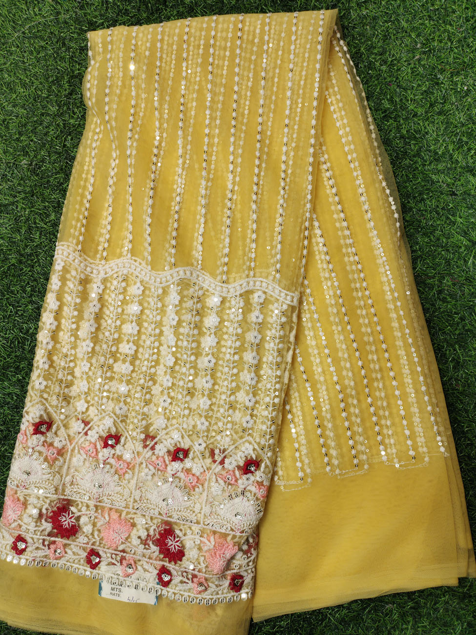 Yellow Net Fabric With Net Wok