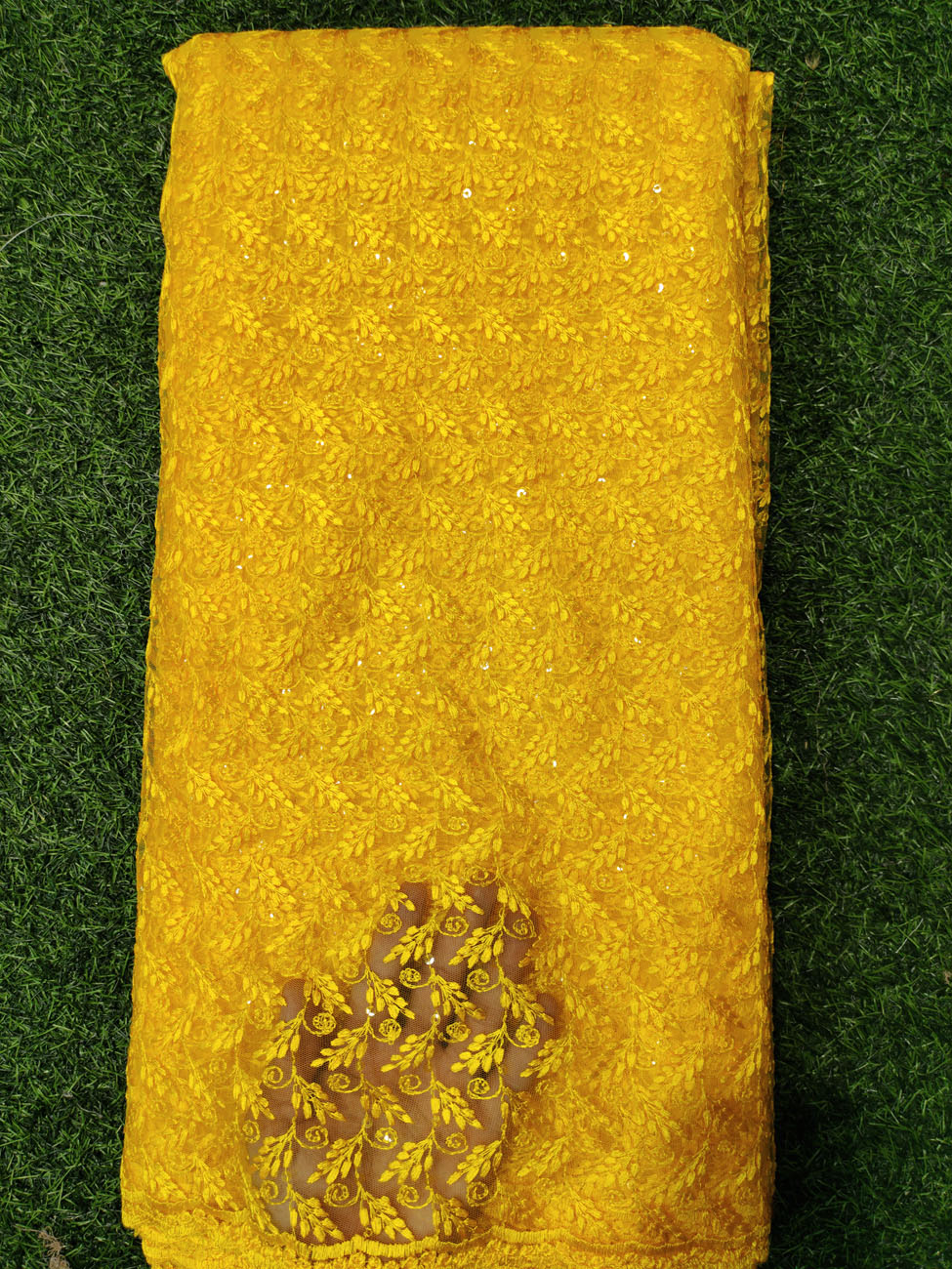 Yellow Net Fabric With Net Wok