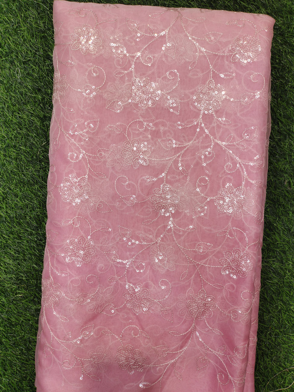 Lustry Pink Organza Fabric With Organza Work