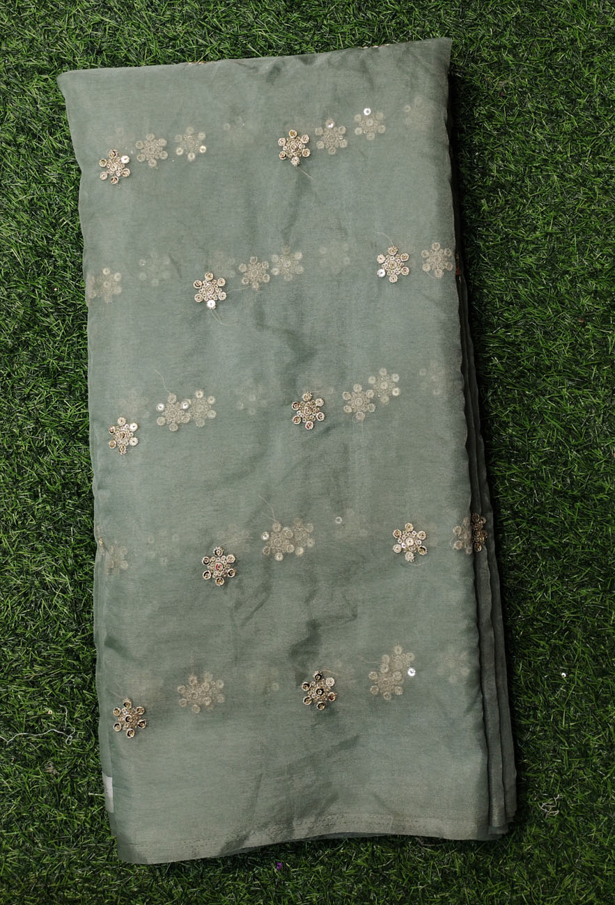 Slate Green Organza Fabric With Organza Butti Work