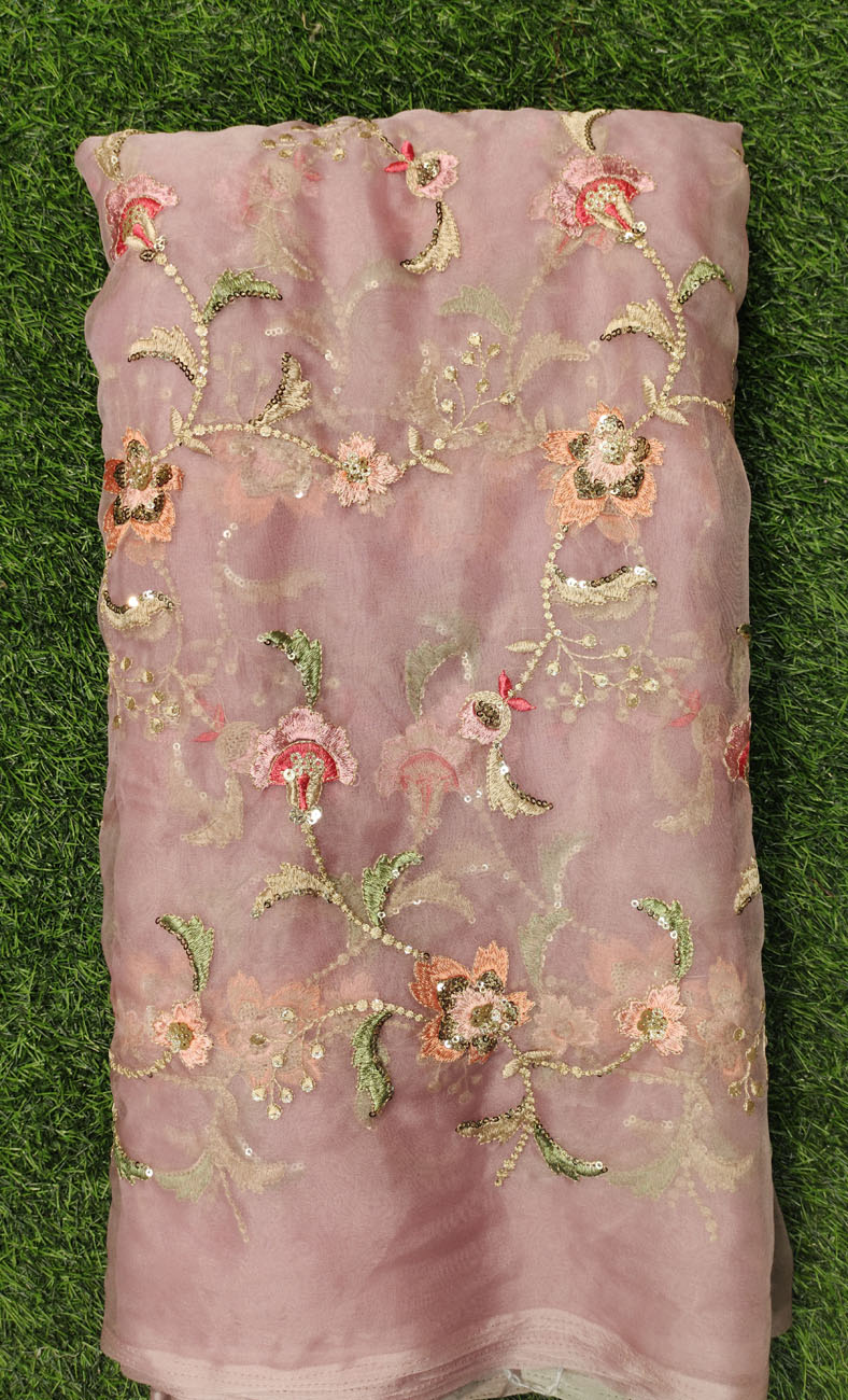 Dusty Rose Organza Fabric With Organza Multi Work