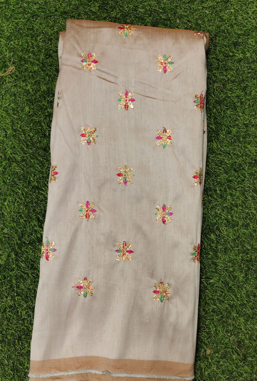 Craftydying Khaki Color Silk Fabric With Silk Work