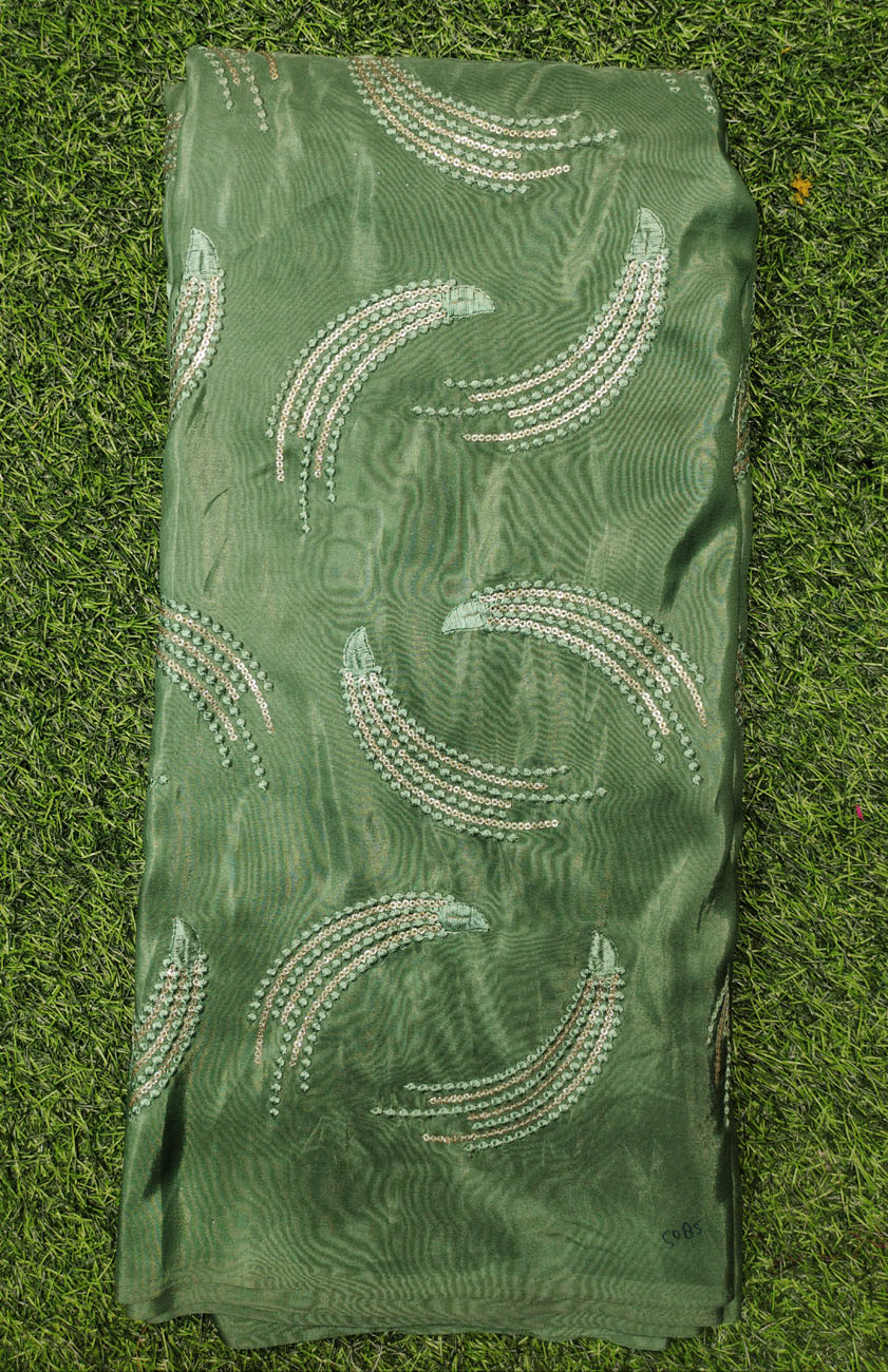 Shiny Dark Green Silk Fabric With Silk Work