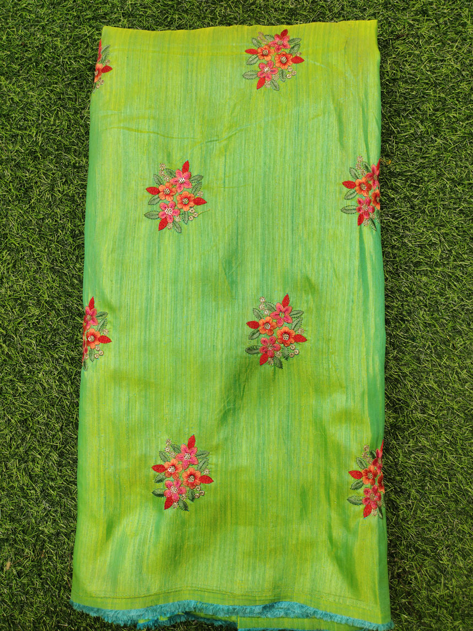 Wonderful Parrot Green Silk Fabric With Silk Work