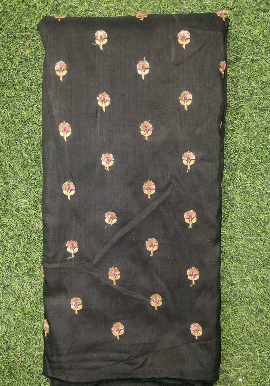 Pure Black Silk Fabric With Silk Work