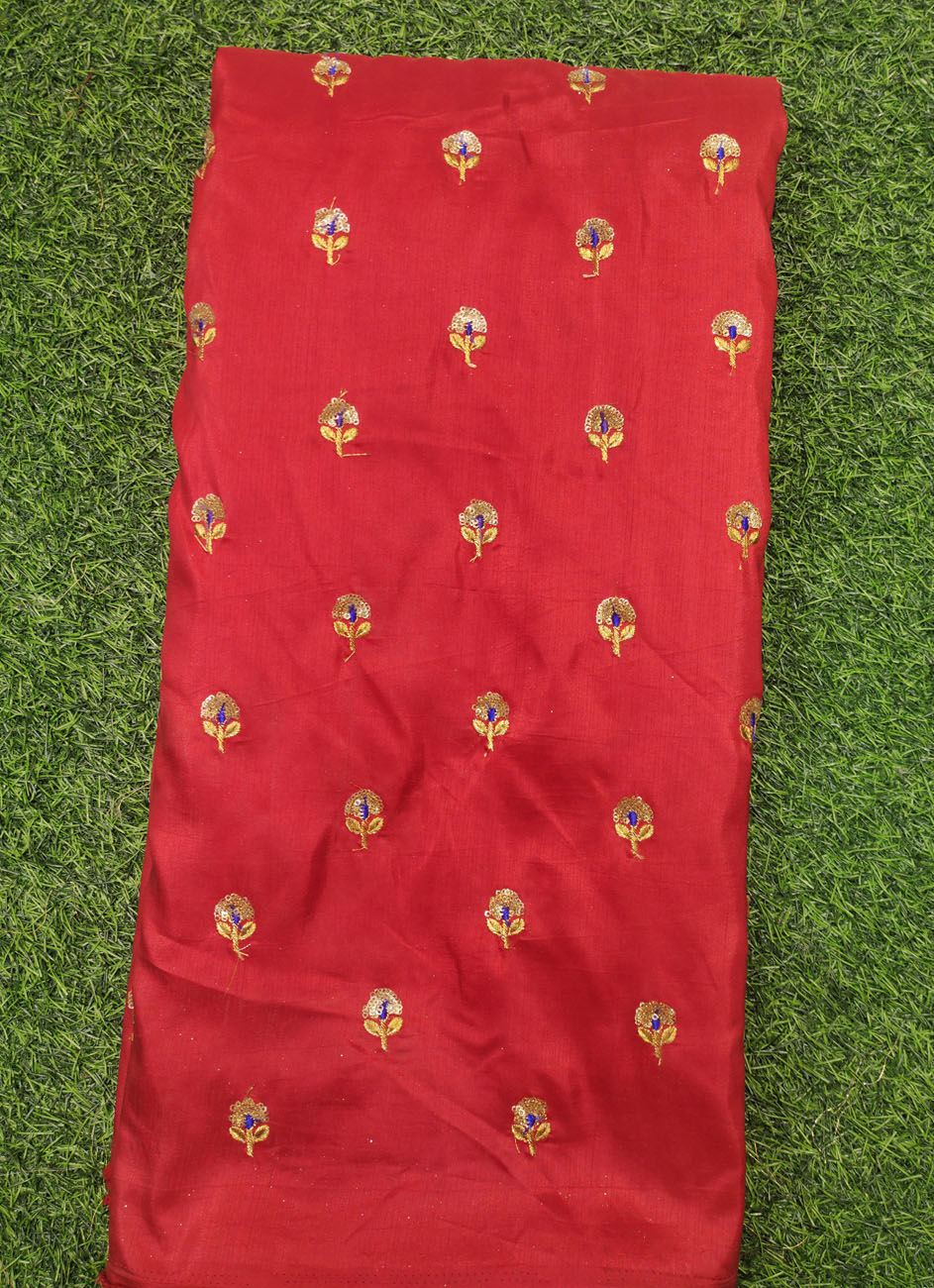 Eyecatching Red Silk Fabric With Silk Work