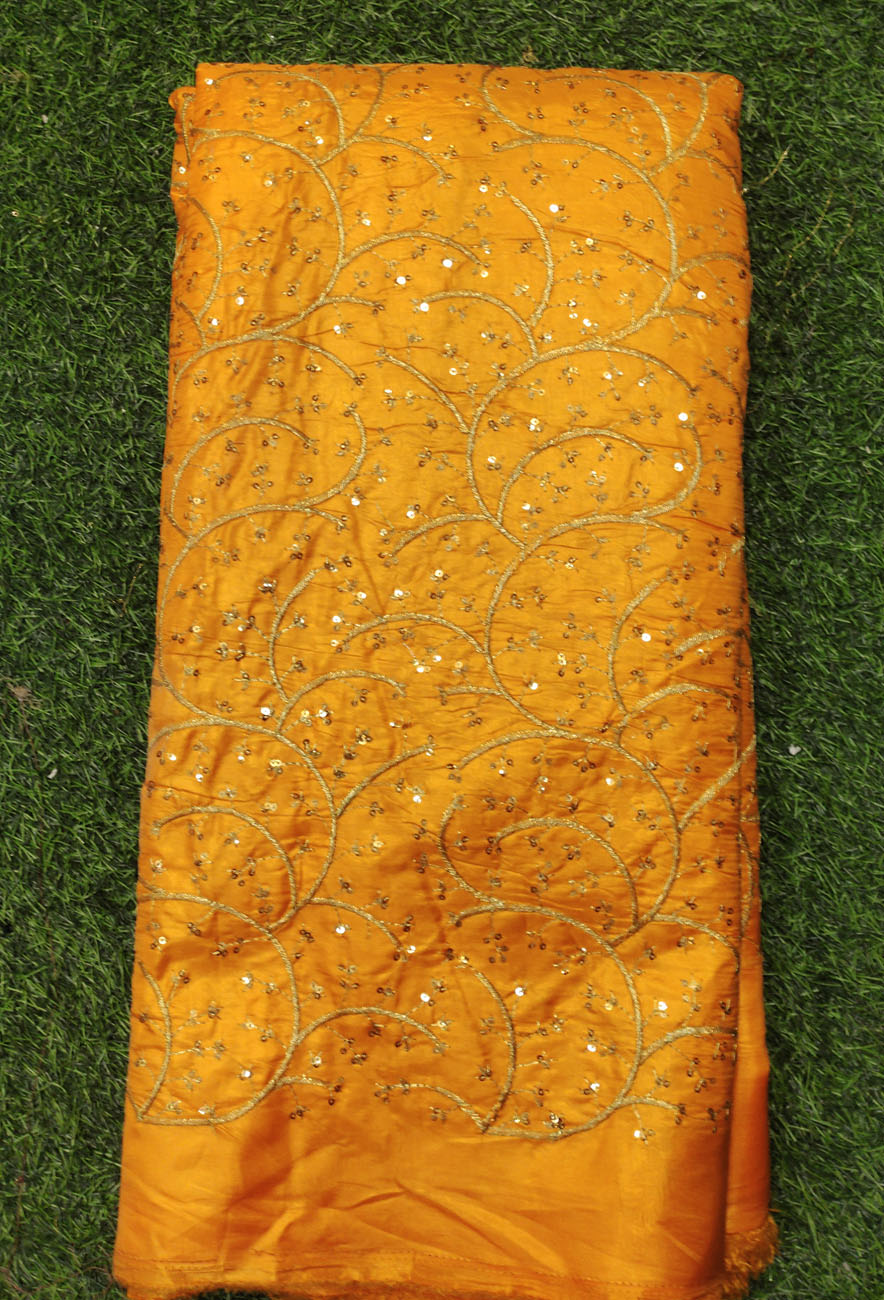 Orange Amber Color Silk Fabric With Silk Work