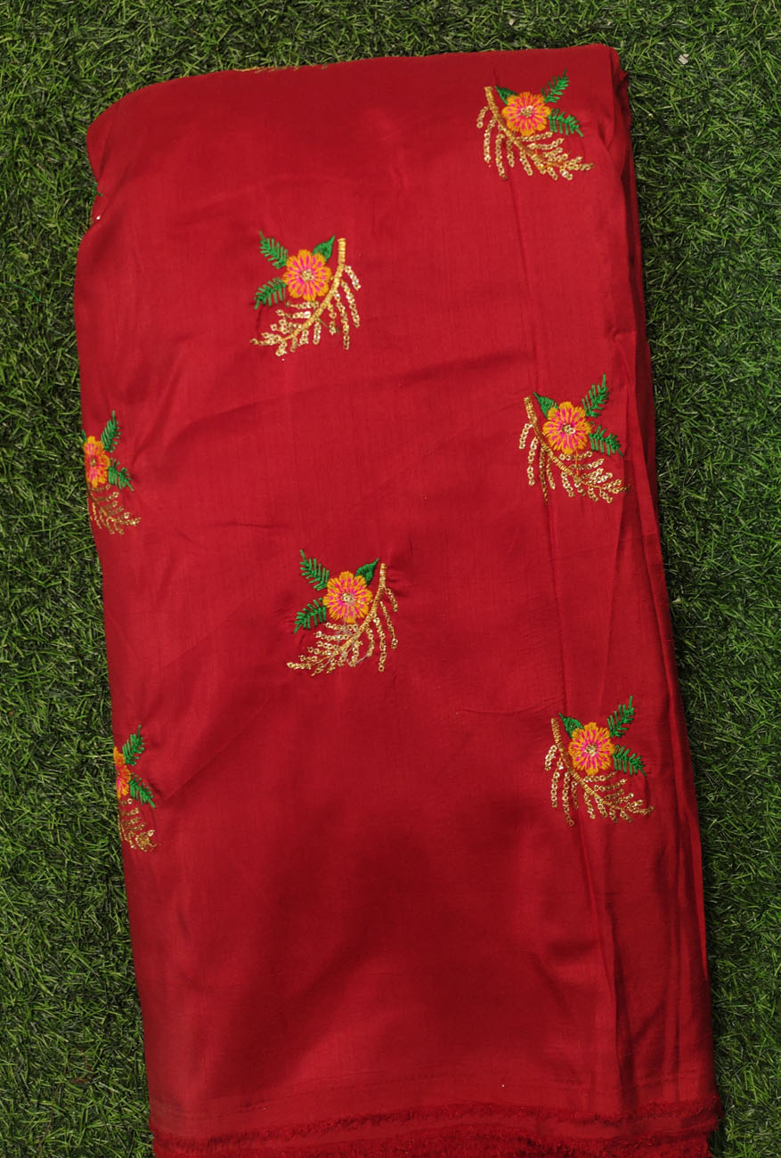 Novelty Maroon Silk Fabric With Silk Work