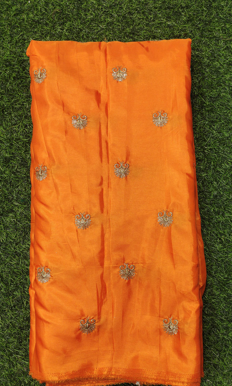 Eyecatching Dark Orange Silk Fabric With Silk Work